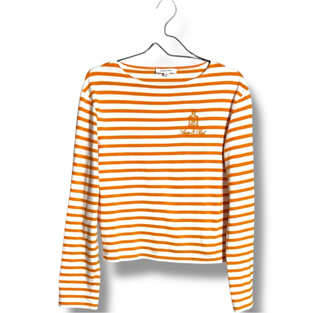 Sporty & Rich Orange and White Striped Long Sleeve Lightweight Knit Sweater Top - Picture 15 of 15